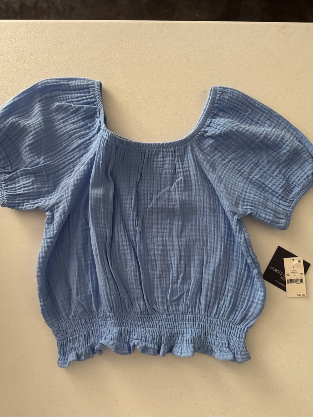 Grayson Threads Light Blue Puff-Sleeve Smocked Waist Blouse